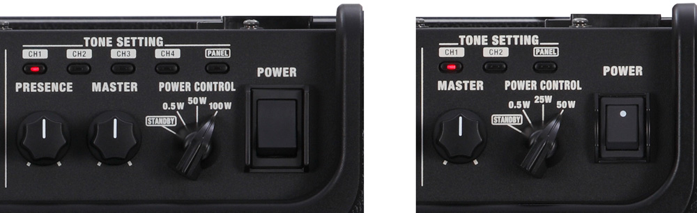 Master control sections of the Katana-100, Katana-100/212, and Katana-Head (left) and Katana-50 (right).
